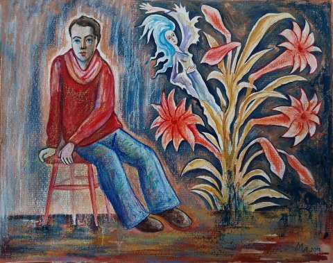 Сюрреалистична рисунка на момче в червено
